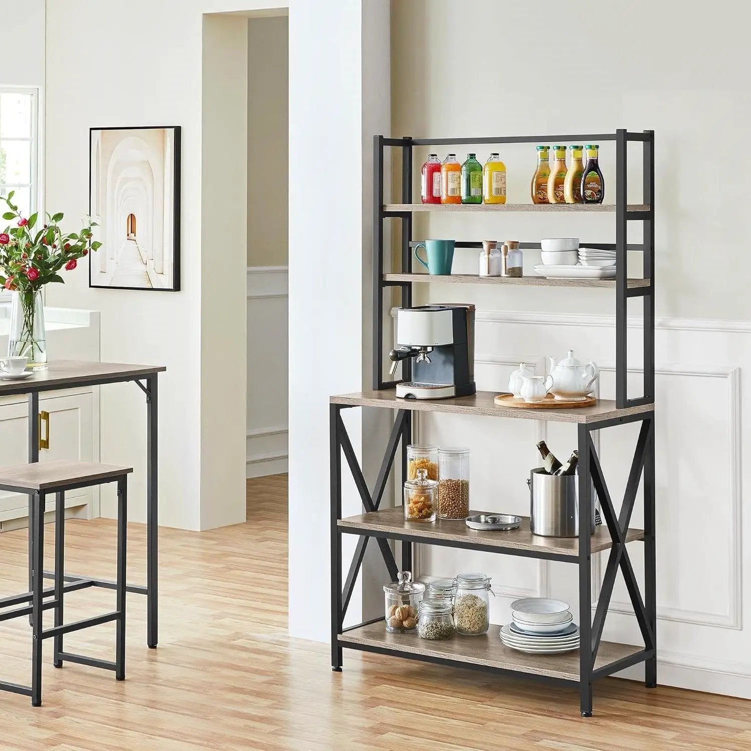Modern Black Metal Grey Wood Bakers Rack Microwave Stand Kitchen Shelving Unit by HomePacific