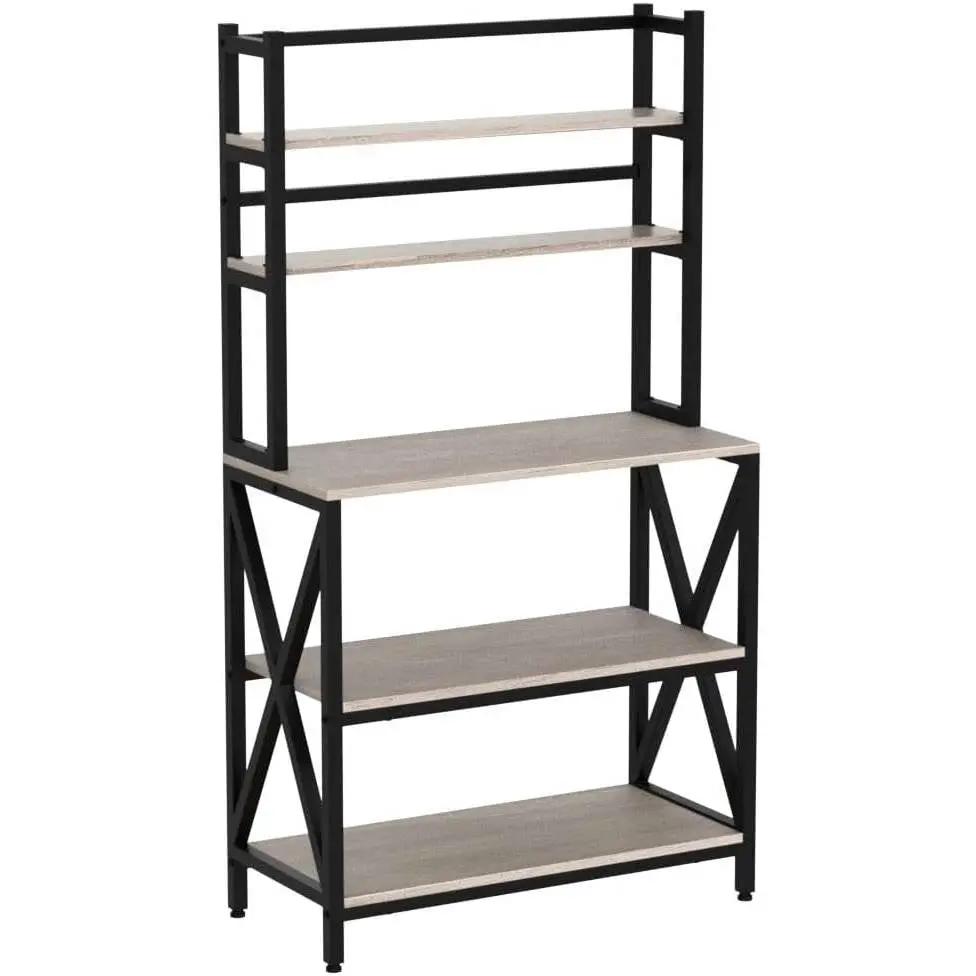 Modern Black Metal Grey Wood Bakers Rack Microwave Stand Kitchen Shelving Unit by HomePacific