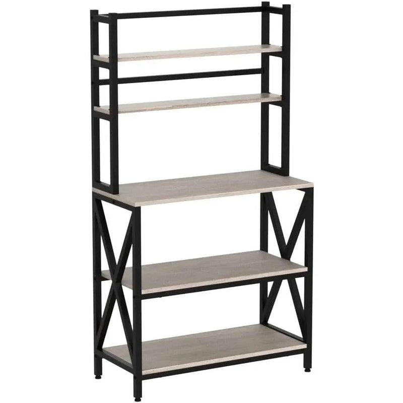 Modern Black Metal Grey Wood Bakers Rack Microwave Stand Kitchen Shelving Unit by HomePacific