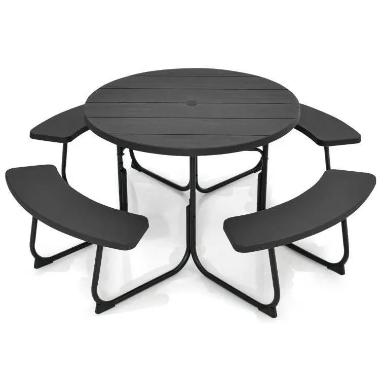 Black Outdoor Metal and HDPE Picnic Table Bench Set with Umbrella Hole - Seats 8 by HomePacific