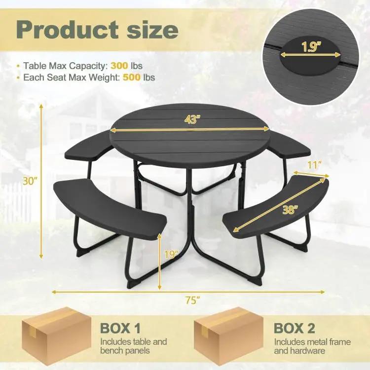 Black Outdoor Metal and HDPE Picnic Table Bench Set with Umbrella Hole - Seats 8 by HomePacific