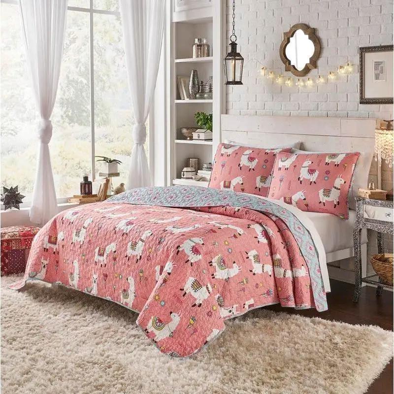 King Size Pink Blue Reversible Floral Llama 100-Percent Cotton Quilt Set by HomePacific