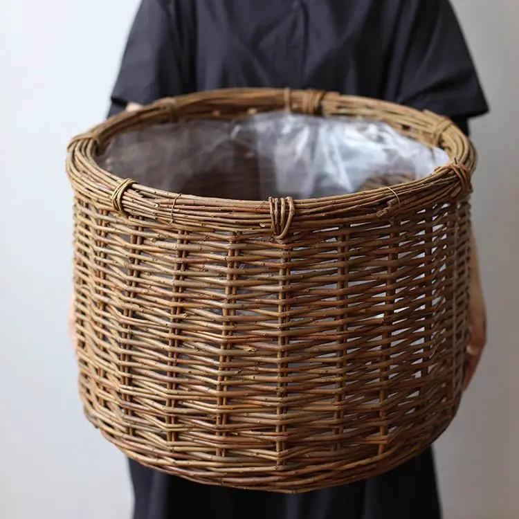 Rustic Round Wicker Planter with Liner by RusticReach