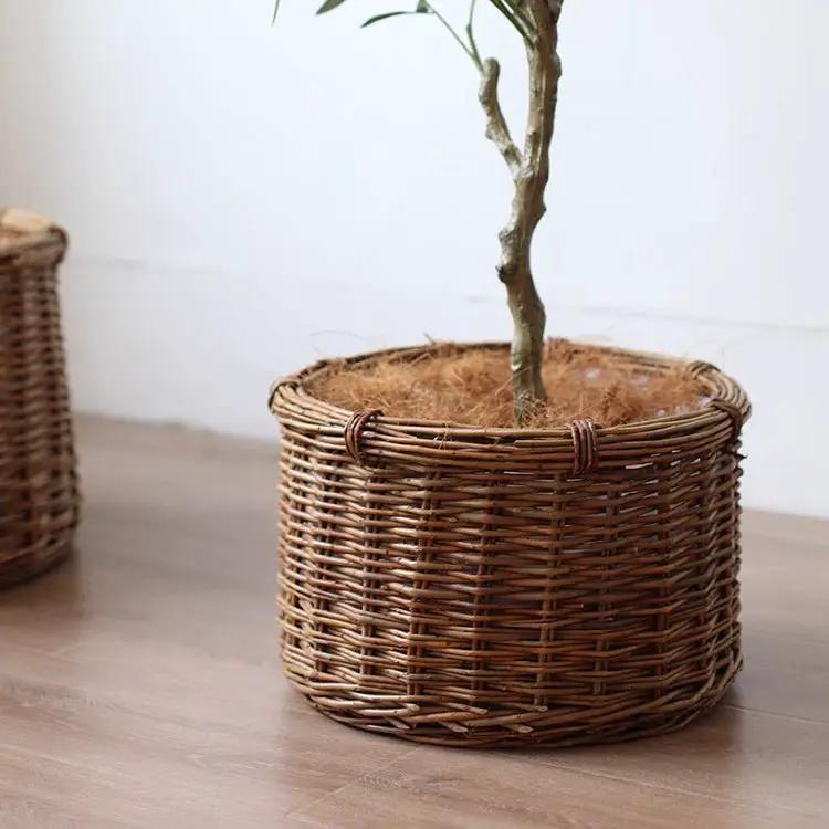 Rustic Round Wicker Planter with Liner by RusticReach