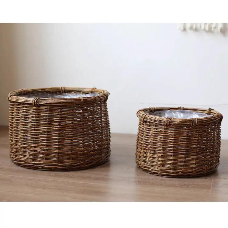 Rustic Round Wicker Planter with Liner by RusticReach
