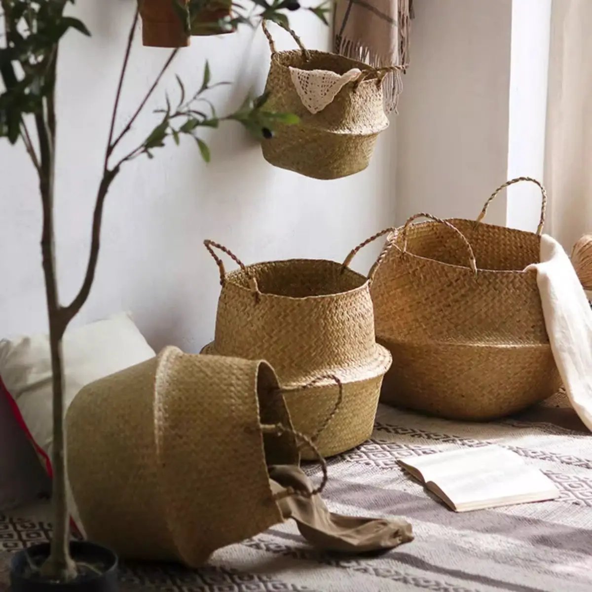 Foldable Seagrass Belly Basket with Handles by RusticReach