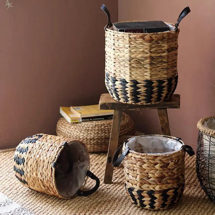 Two-Tone Basket Planter with Leather Handles by RusticReach