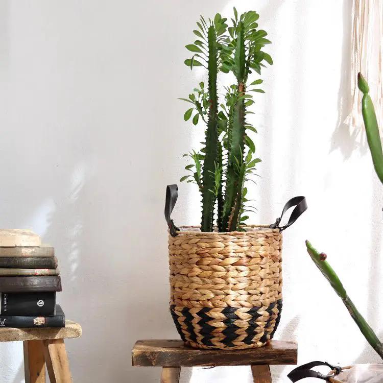 Two-Tone Basket Planter with Leather Handles by RusticReach