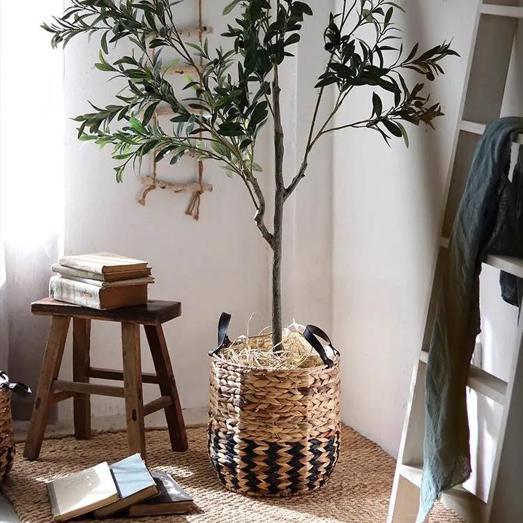 Two-Tone Basket Planter with Leather Handles by RusticReach