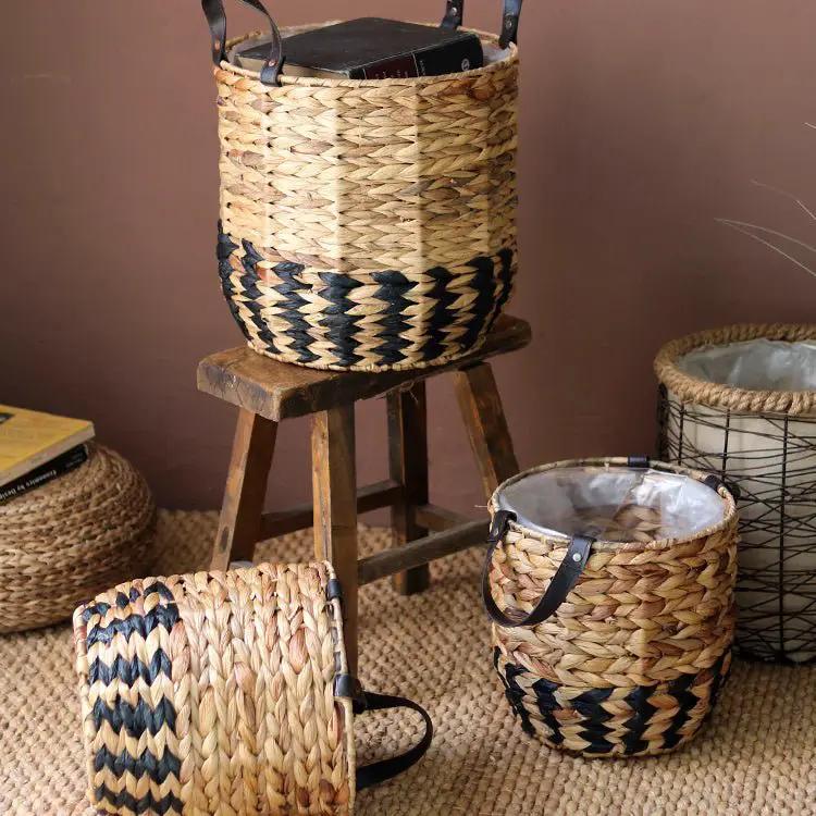 Two-Tone Basket Planter with Leather Handles by RusticReach