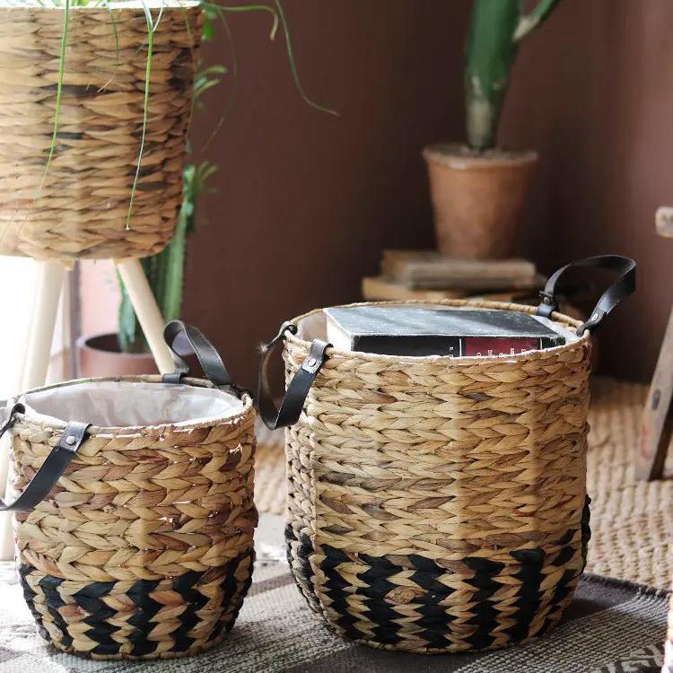 Two-Tone Basket Planter with Leather Handles by RusticReach