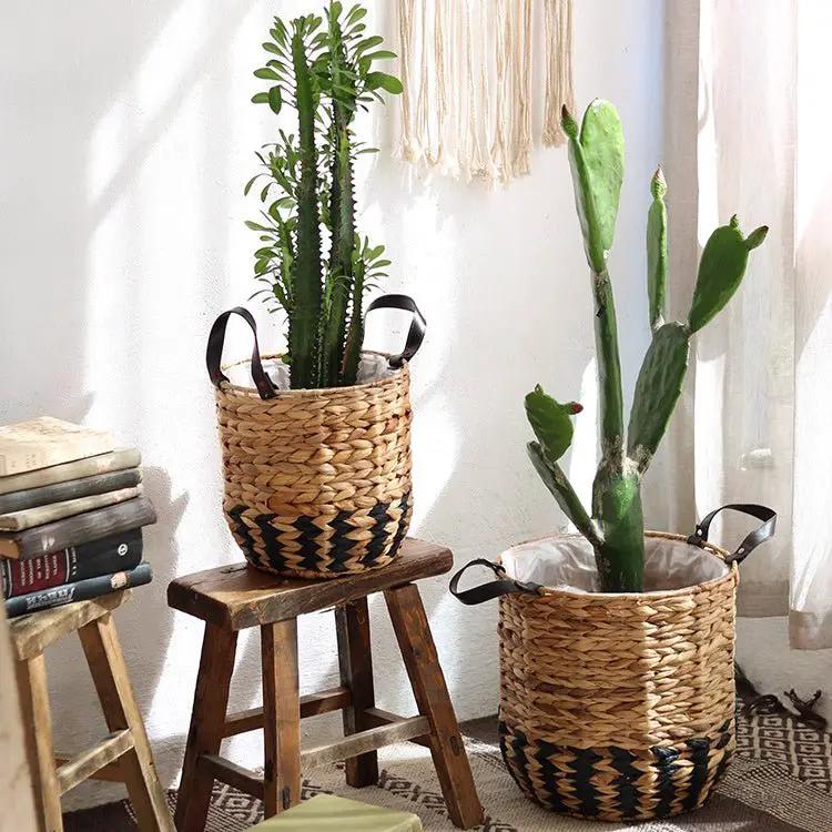 Two-Tone Basket Planter with Leather Handles by RusticReach