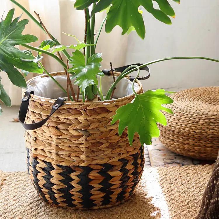 Two-Tone Basket Planter with Leather Handles by RusticReach