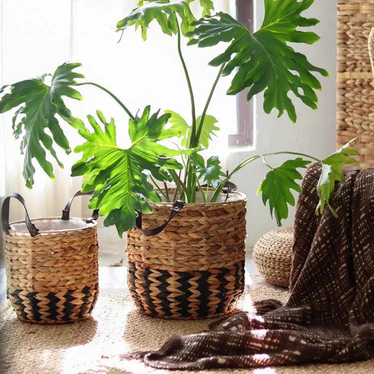 Two-Tone Basket Planter with Leather Handles by RusticReach