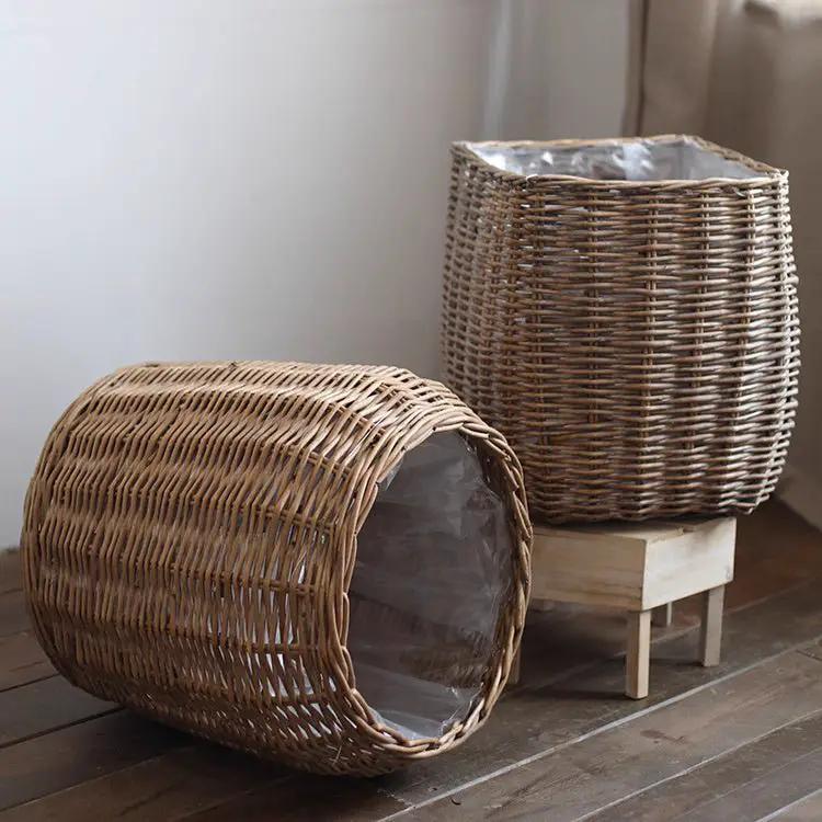Natural Wicker Floor Planter Basket with Liner by RusticReach