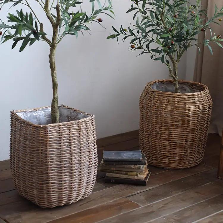 Natural Wicker Floor Planter Basket with Liner by RusticReach