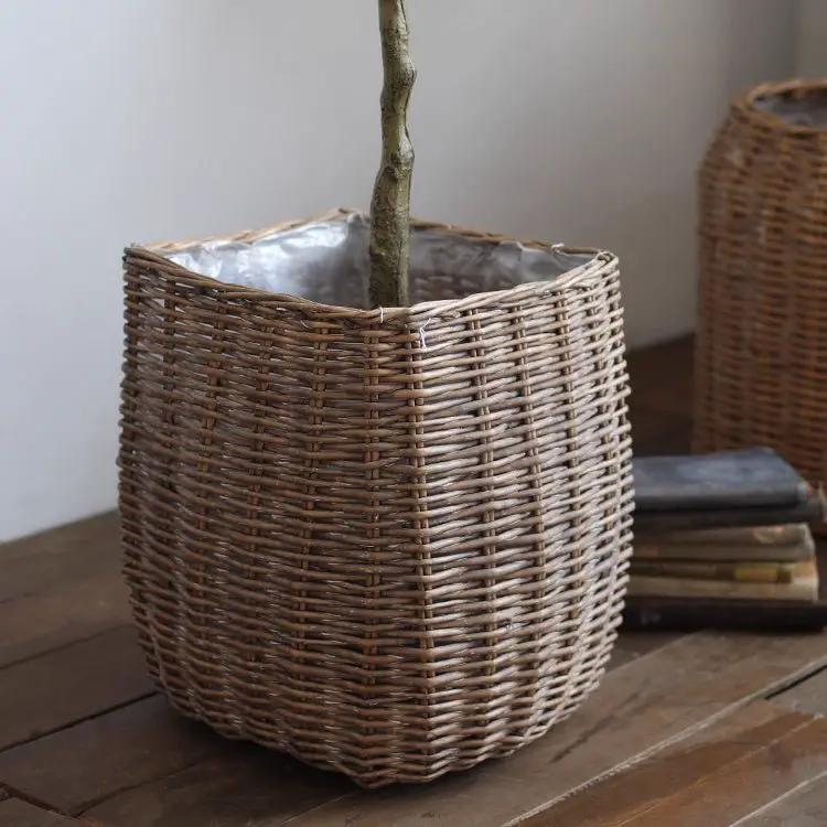 Natural Wicker Floor Planter Basket with Liner by RusticReach