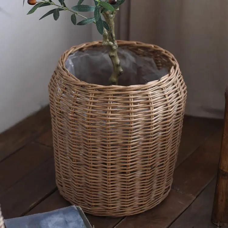 Natural Wicker Floor Planter Basket with Liner by RusticReach