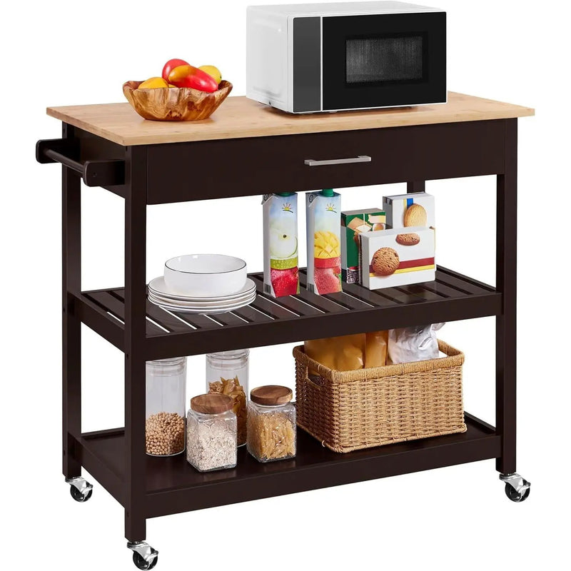 Black Kitchen Island Cart with Wood Top 2-Shelves Drawer and Locking Wheels by HomePacific