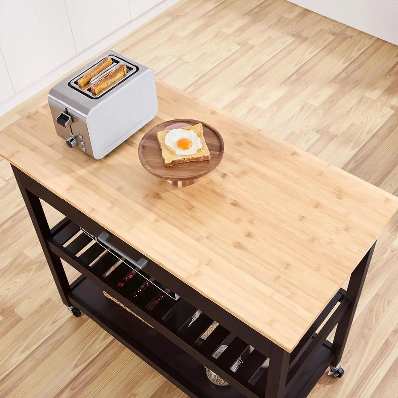 Black Kitchen Island Cart with Wood Top 2-Shelves Drawer and Locking Wheels by HomePacific
