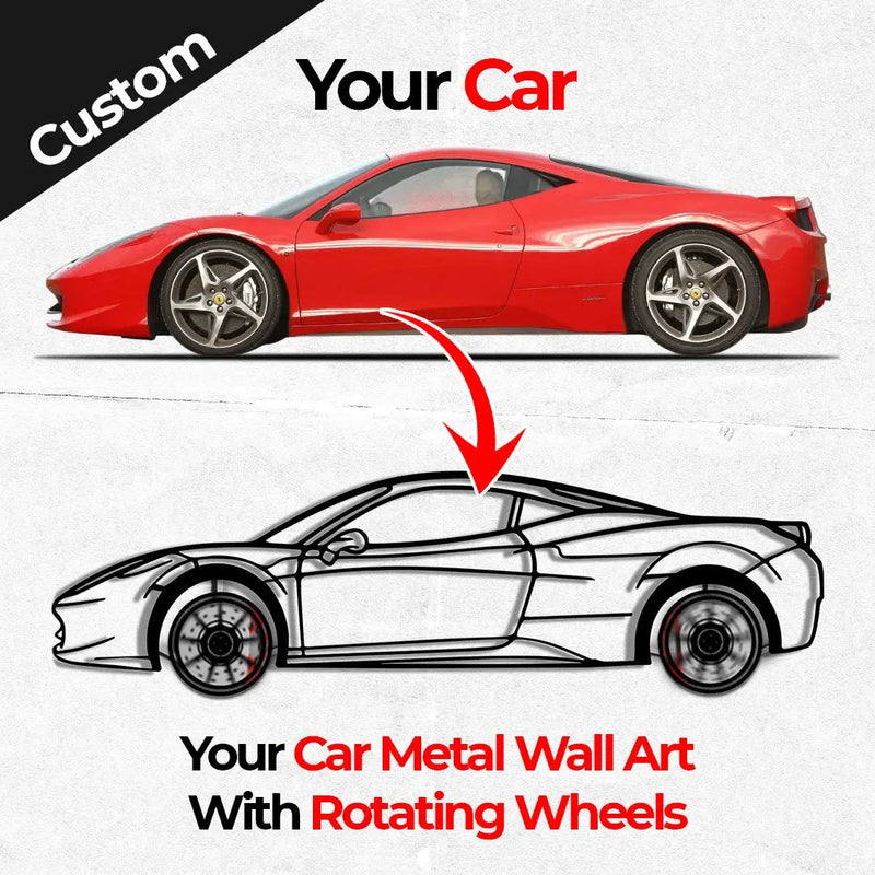 Custom Car Metal Wall Art with Spinning Wheels, Personalized Car Design, Custom Auto Gift for Men, Garage Decor, Your Car Line Art-KAFMEKA048 by Enova Art