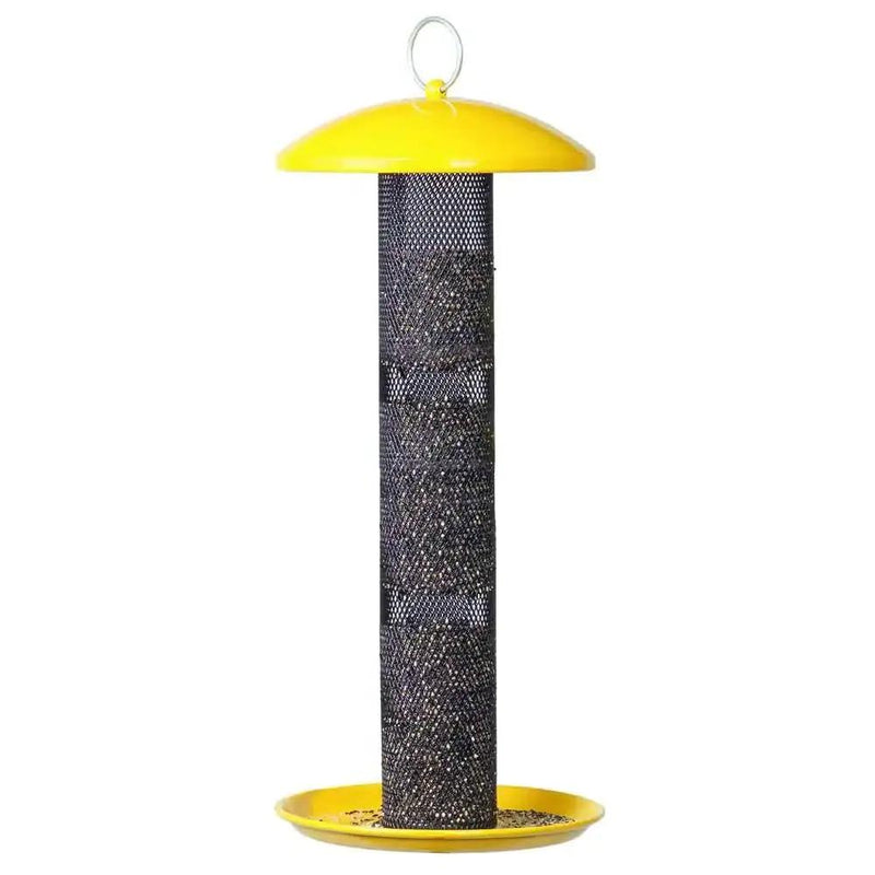 Durable Metal Mesh Tube Hanging Bird Feeder with Yellow Top and Perch by HomePacific