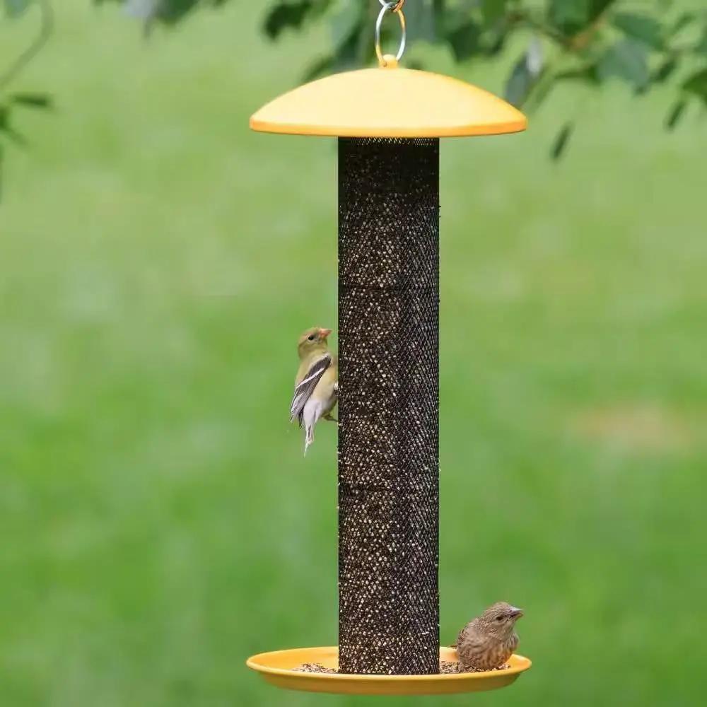 Durable Metal Mesh Tube Hanging Bird Feeder with Yellow Top and Perch by HomePacific