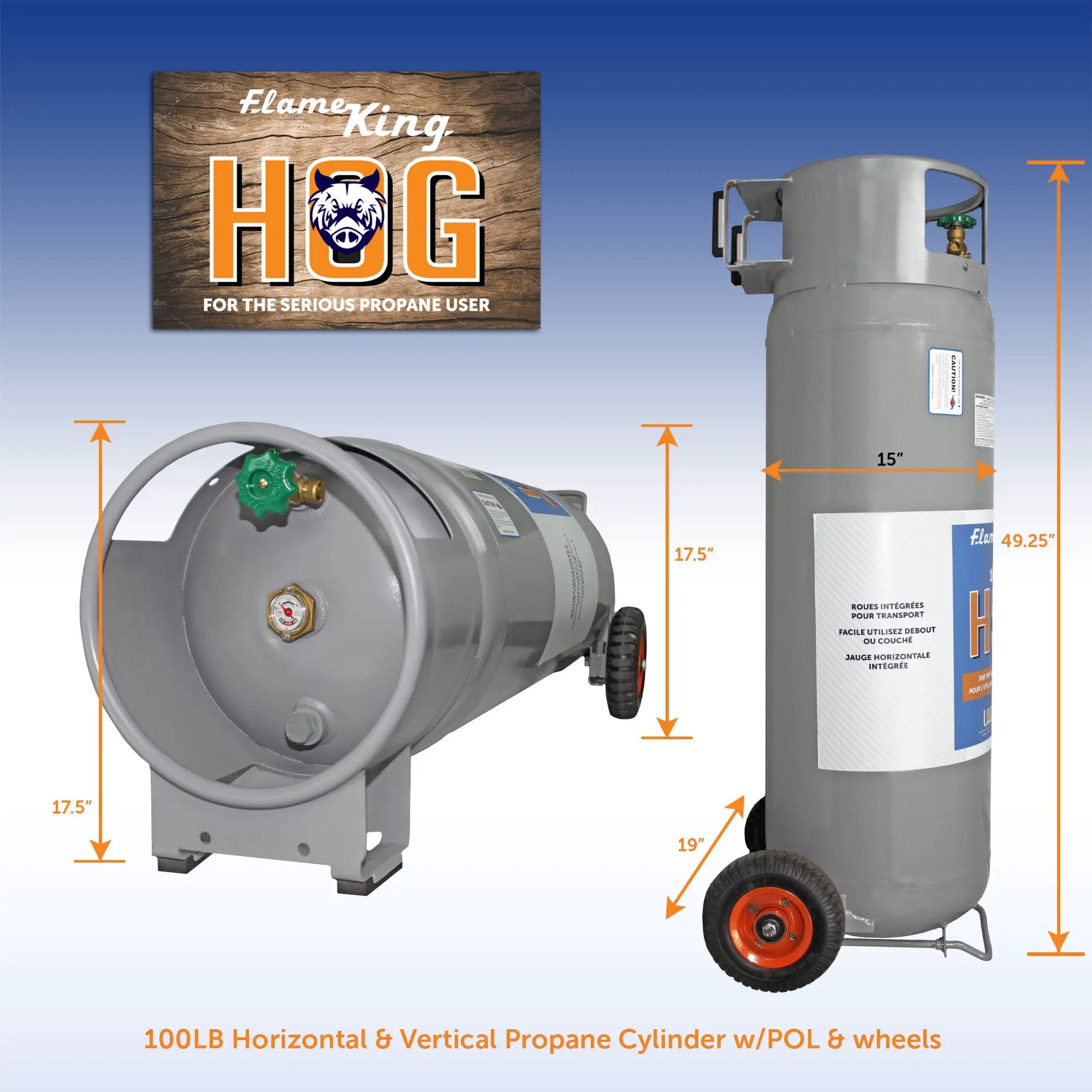 Flame King 100lb Empty Horizontal & Vertical Propane Cylinder with POL & Wheels by Flame King Products
