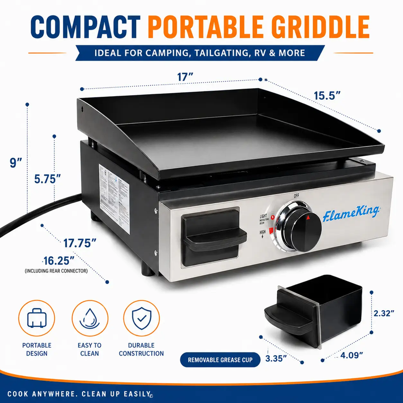 Flame King 17 inch LP Griddle with Small Regulator for RV pullout by Flame King Products