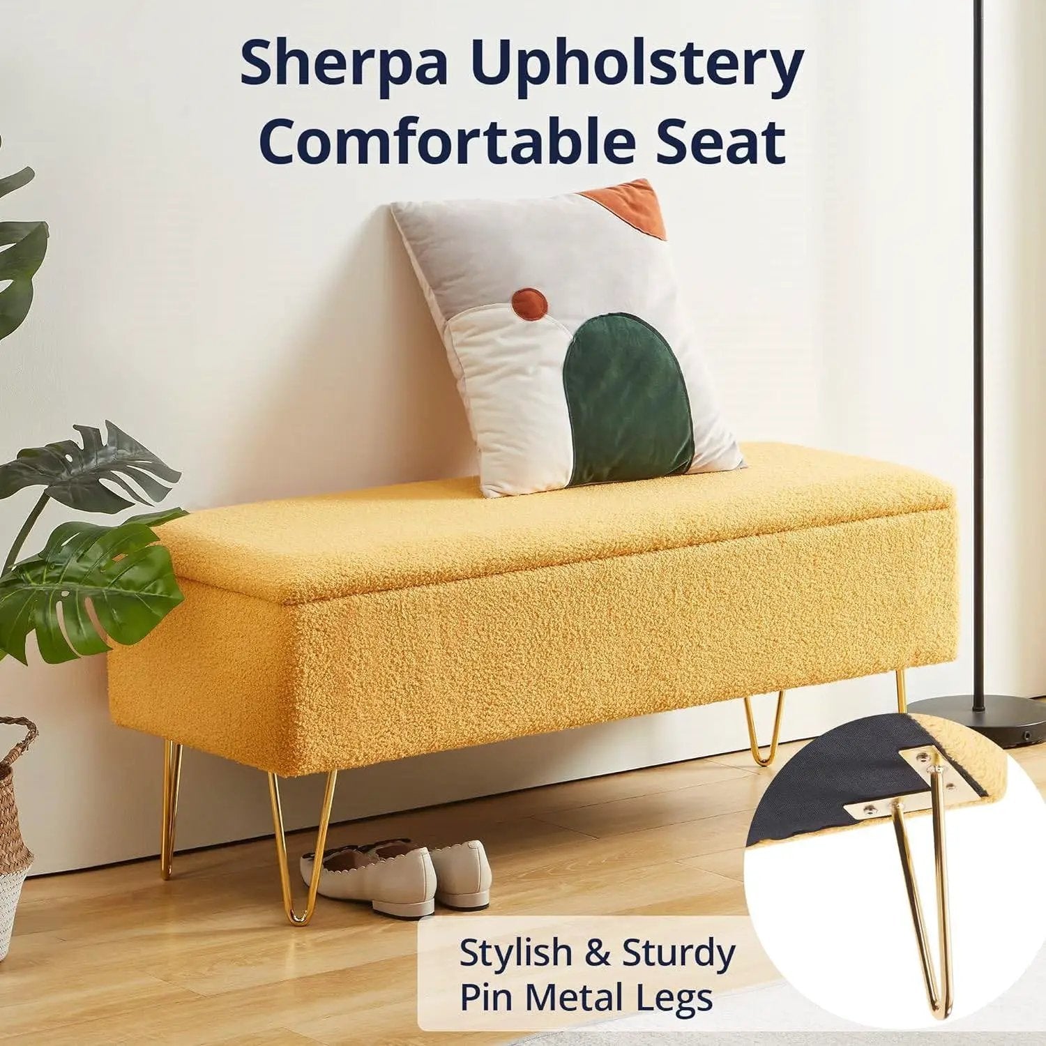 Yellow Sherpa Fabric Upholstered End of Bed Storage Bench with Gold Finish Legs by HomePacific
