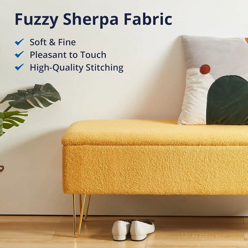Yellow Sherpa Fabric Upholstered End of Bed Storage Bench with Gold Finish Legs by HomePacific