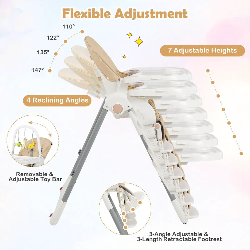 4-in-1 Foldable Baby High Chair with 7 Adjustable Heights and Free Toys Bar by DirectDeals