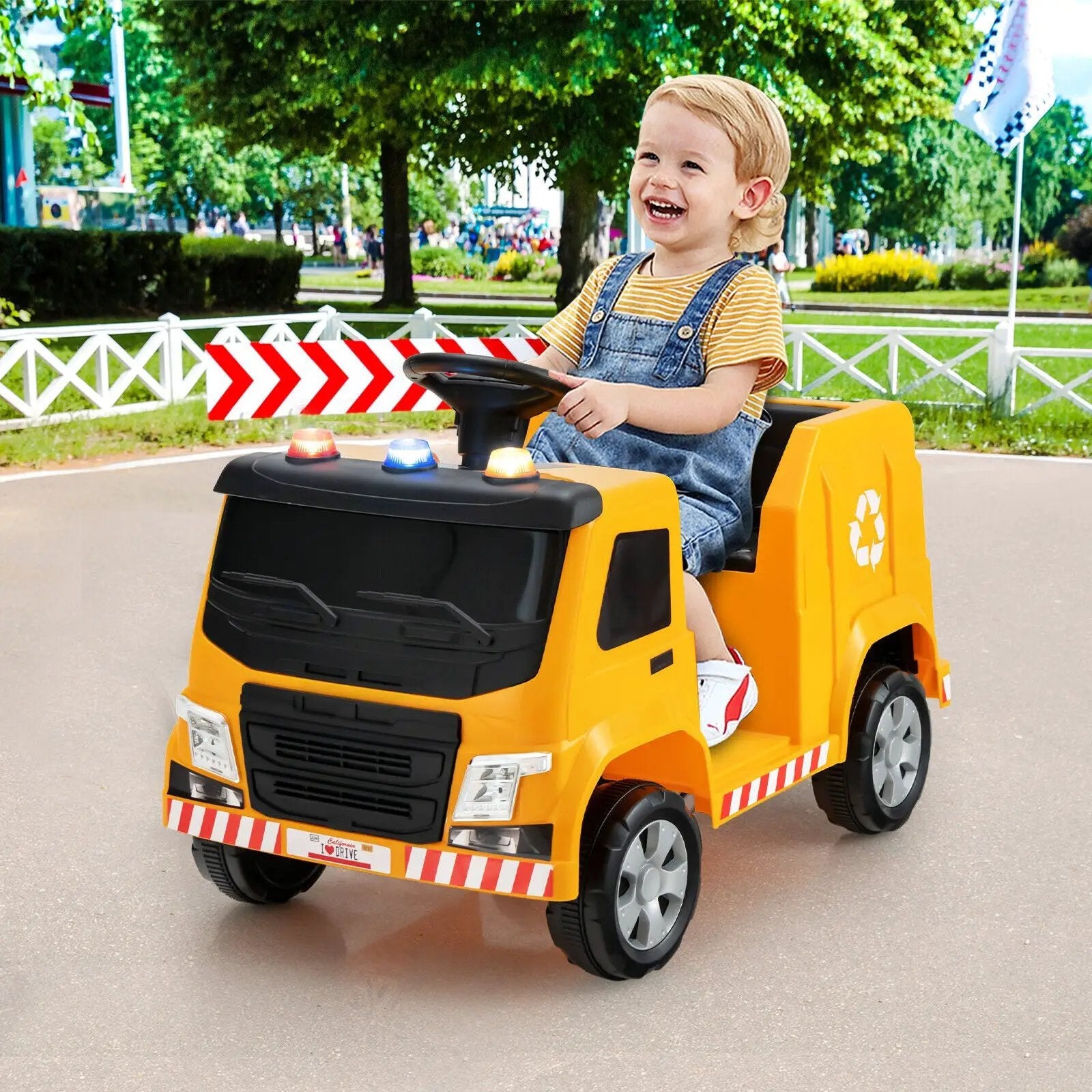 12V Kids Ride-on Garbage Truck with Warning Lights and 6 Recycling Accessories by DirectDeals