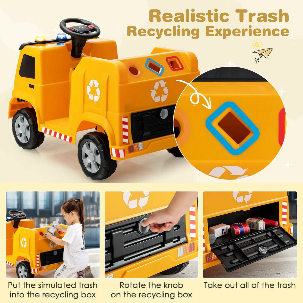 12V Kids Ride-on Garbage Truck with Warning Lights and 6 Recycling Accessories, photo 3 of 10