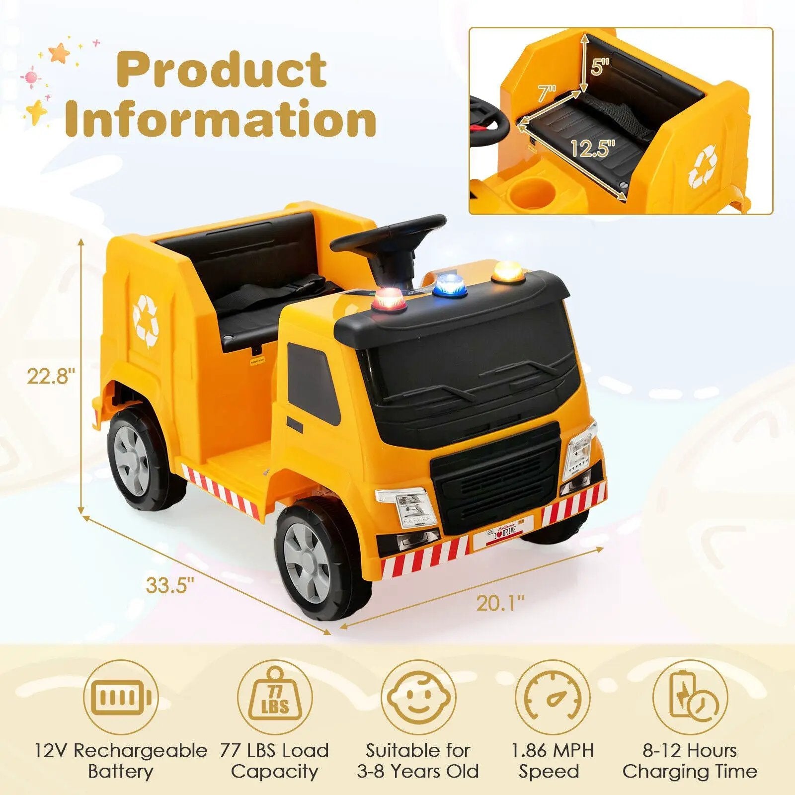 12V Kids Ride-on Garbage Truck with Warning Lights and 6 Recycling Accessories by DirectDeals