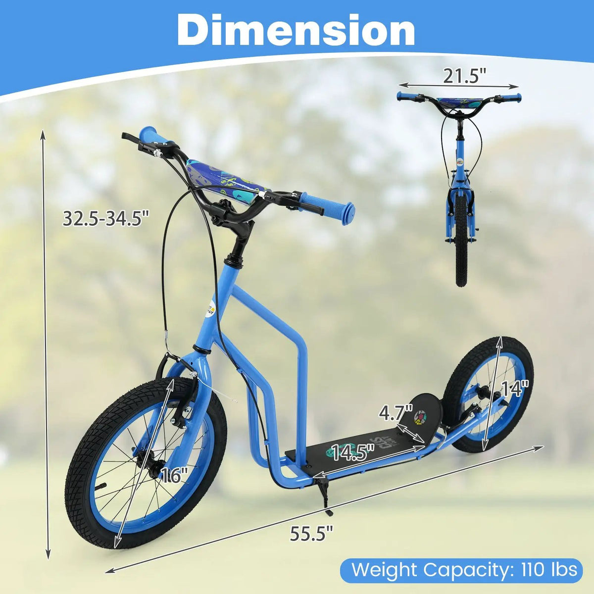 Youth Scooter with Adjustable Handlebar and 16/14-Inch Inflatable Wheels for Age 8+ Years Old, photo 11 of 24