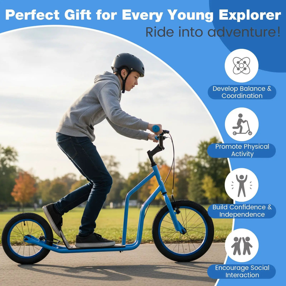 Youth Scooter with Adjustable Handlebar and 16/14-Inch Inflatable Wheels for Age 8+ Years Old, photo 18 of 24