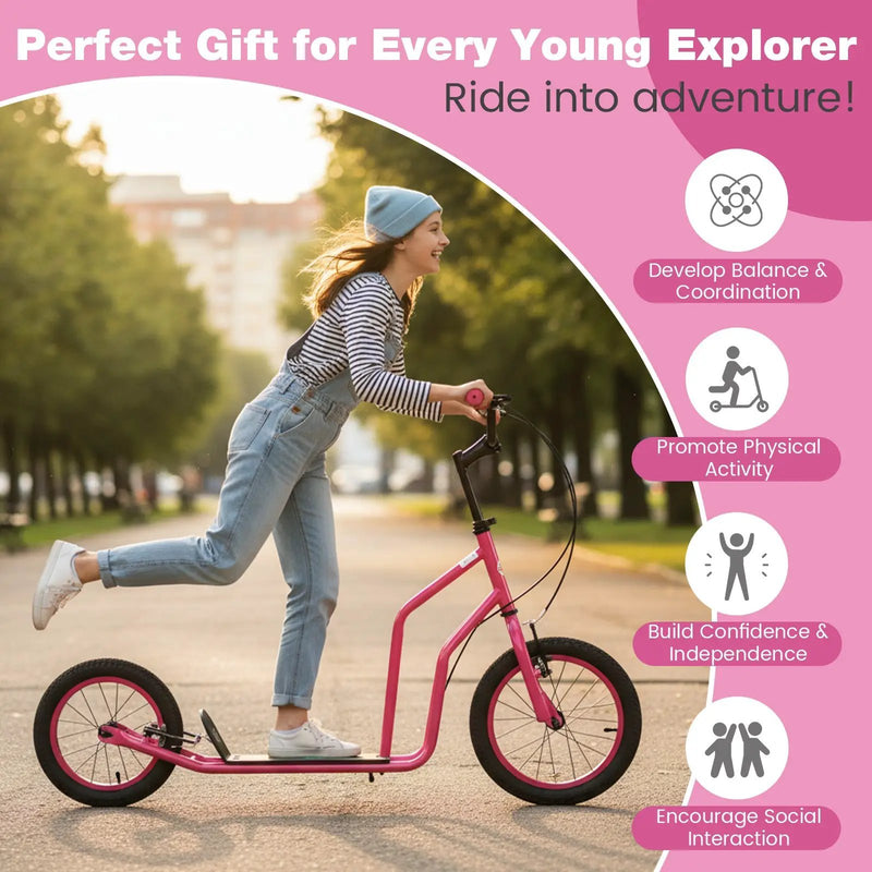 Youth Scooter with Adjustable Handlebar and 16/14-Inch Inflatable Wheels for Age 8+ Years Old by DirectDeals