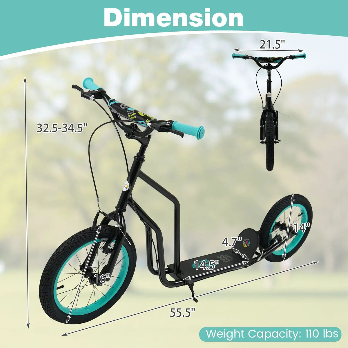 Youth Scooter with Adjustable Handlebar and 16/14-Inch Inflatable Wheels for Age 8+ Years Old, photo 12 of 24