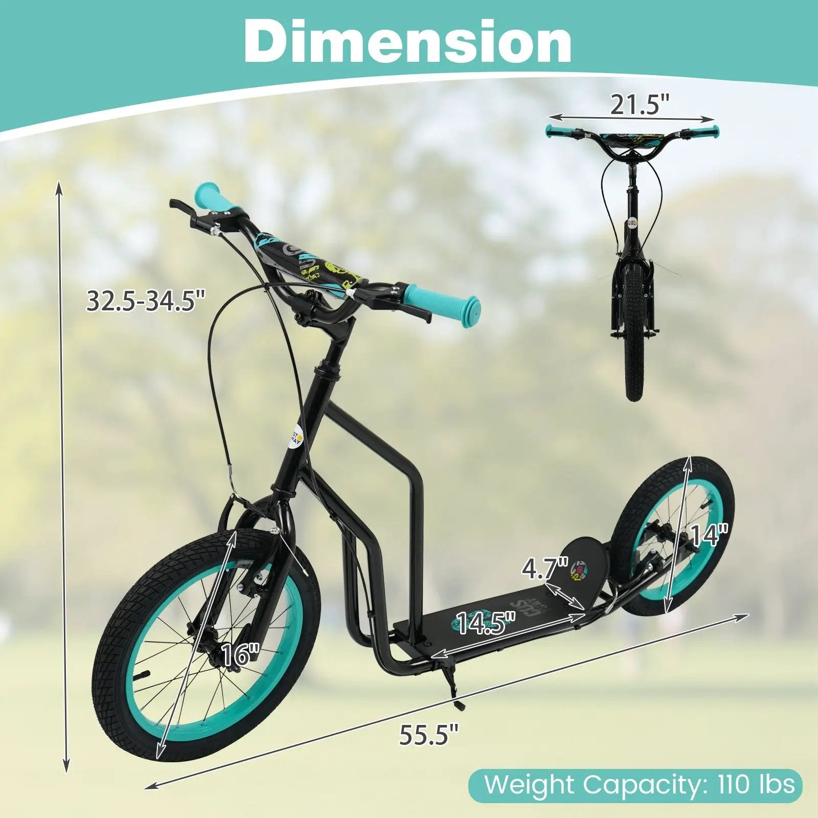 Youth Scooter with Adjustable Handlebar and 16/14-Inch Inflatable Wheels for Age 8+ Years Old by DirectDeals