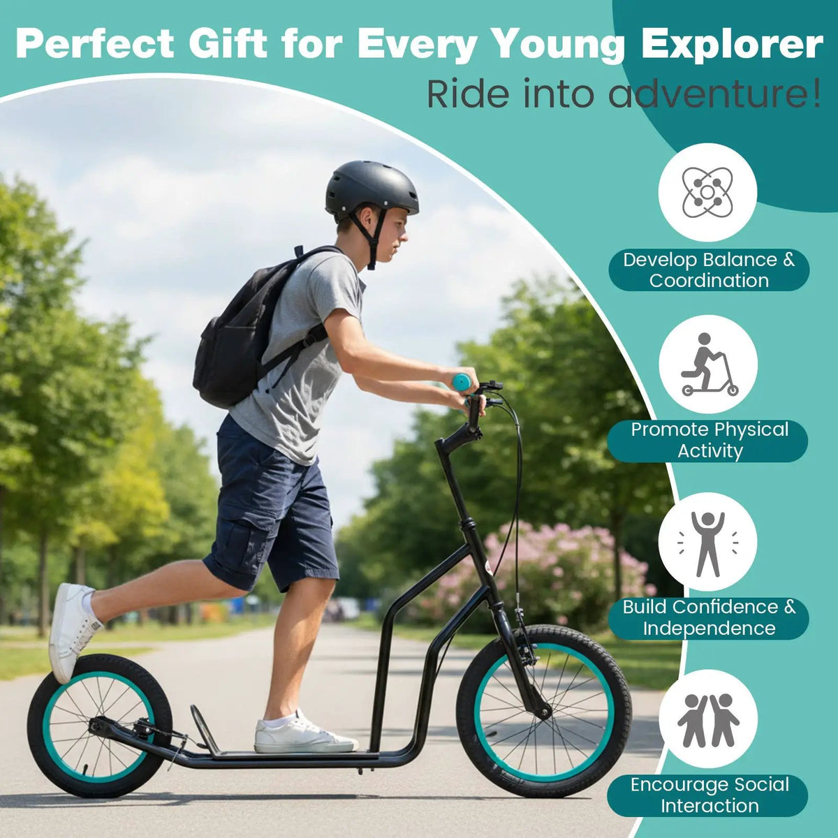 Youth Scooter with Adjustable Handlebar and 16/14-Inch Inflatable Wheels for Age 8+ Years Old, photo 16 of 24