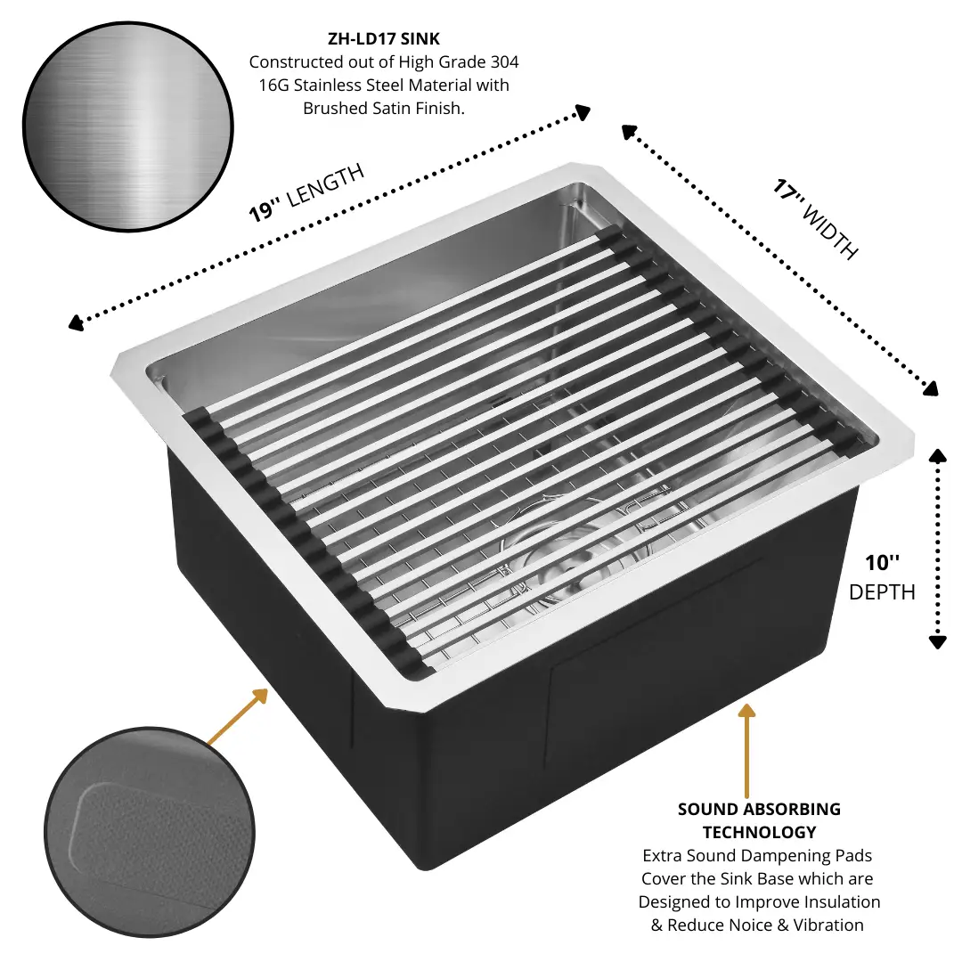 Zeek 17 x 19 Inch Undermount / Drop-In Workstation Sink for Small Kitchen or Wet Bar 16G Stainless Steel ZH-LD17 by ZEEK