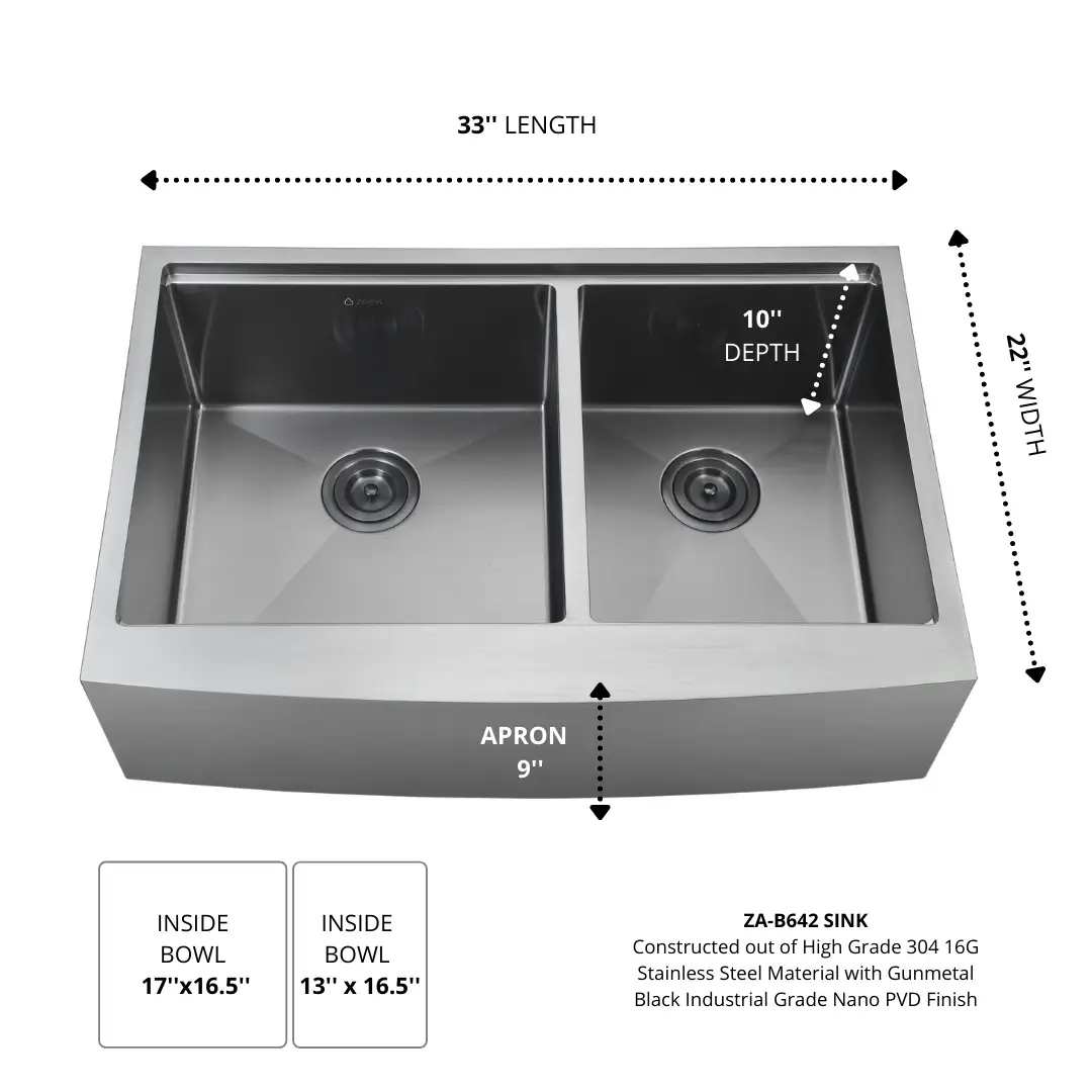 Zeek 33" Farmhouse Workstation 60/40 Bowl Gunmetal Matte Black Kitchen Sink With Accessories PVD Nano Tech Coating ENZO ZA-B642 by ZEEK