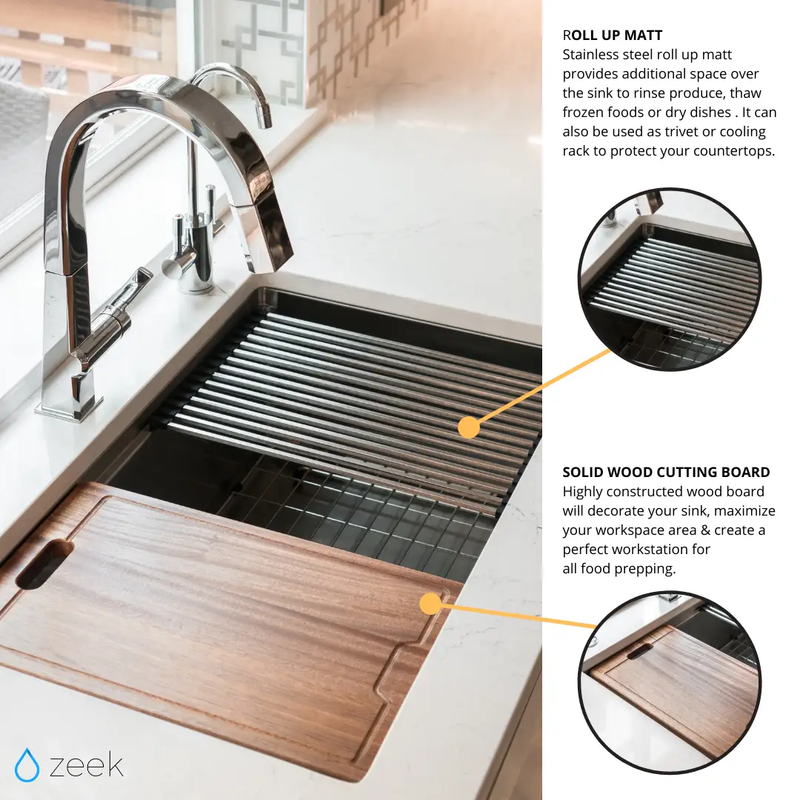 Zeek 32" Undermount / Drop-In Single Bowl Workstation Kitchen Sink ZH-LD32 by ZEEK