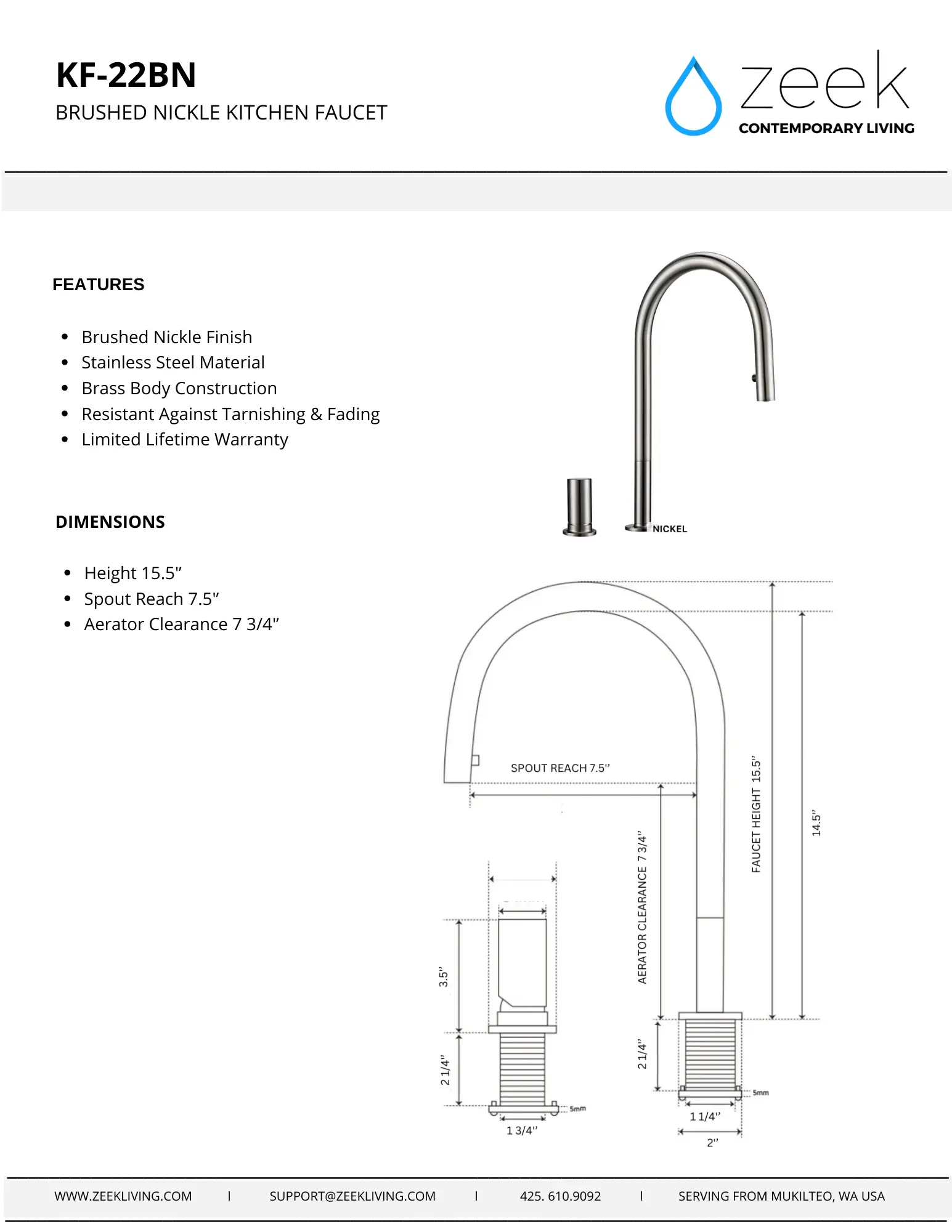 KF-22BN Brushed Nickle Pull-Down Kitchen Faucet by ZEEK