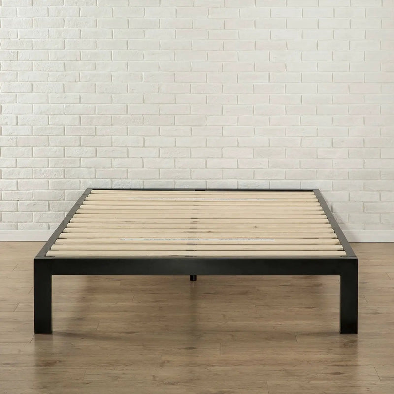 Full Modern Black Metal Platform Bed Frame with Wood Slats by HomePacific