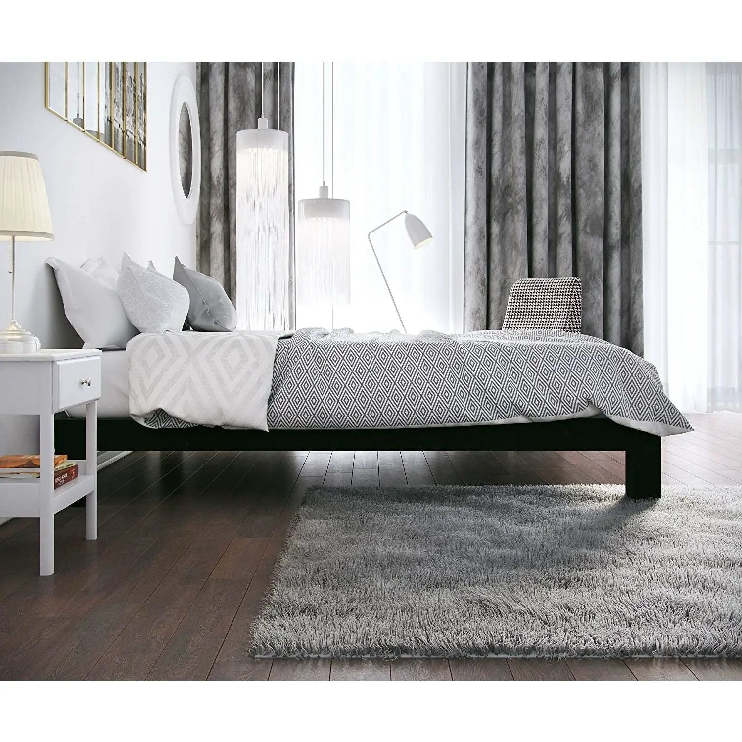 Full Modern Black Metal Platform Bed Frame with Wood Slats by HomePacific