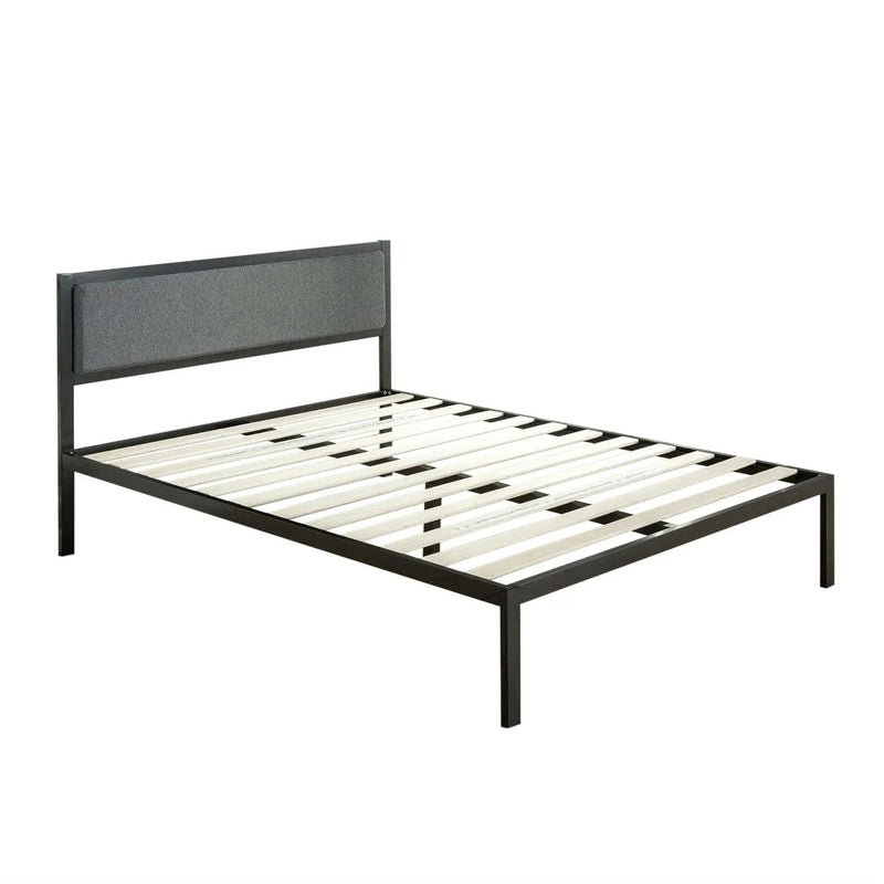 Full size Metal Platform Bed Frame with Wood Slats and Upholstered Headboard by HomePacific