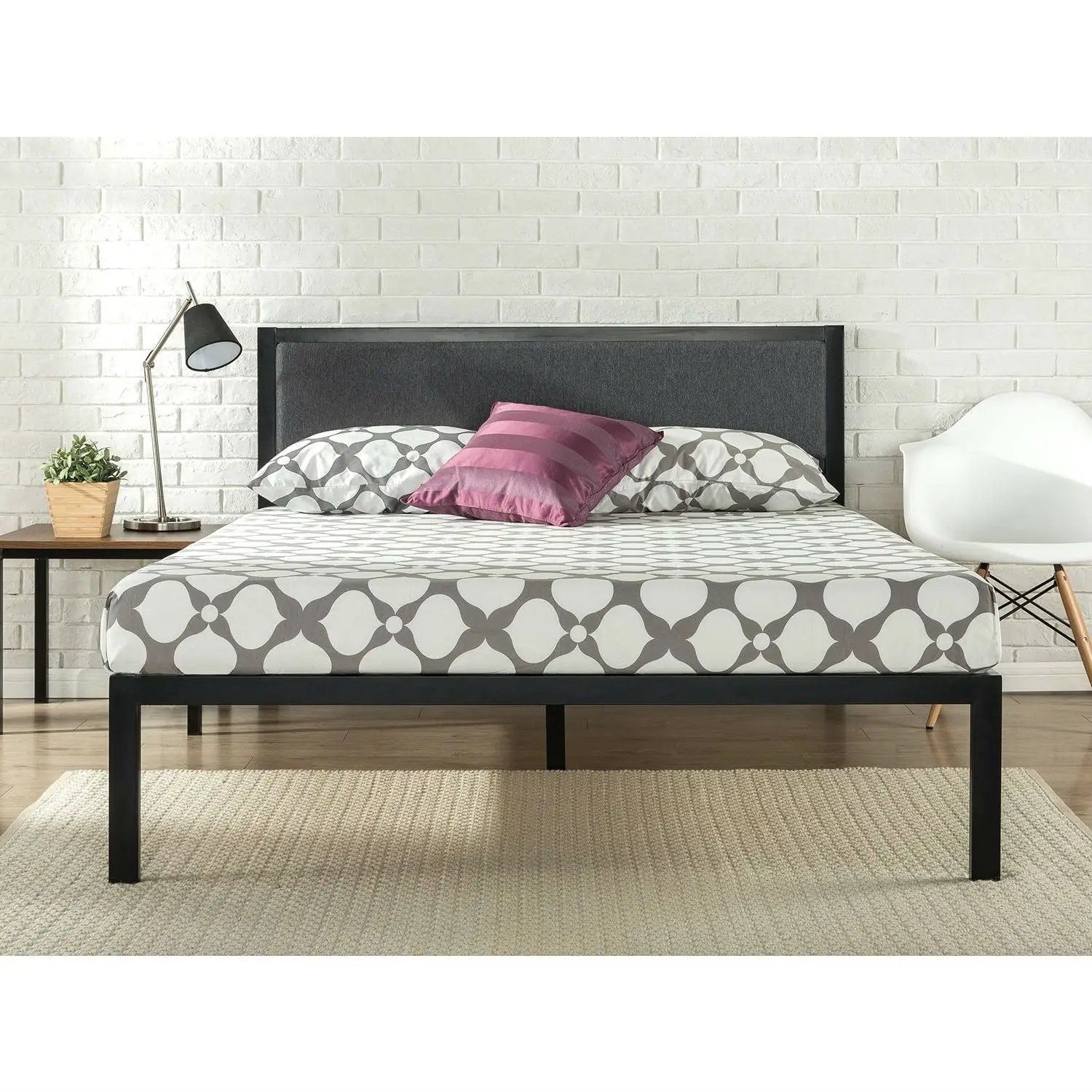 Full size Metal Platform Bed Frame with Wood Slats and Upholstered Headboard by HomePacific