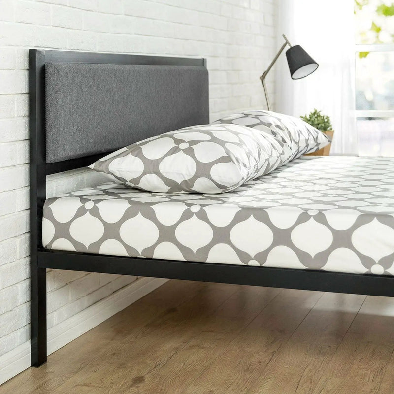 Full size Metal Platform Bed Frame with Wood Slats and Upholstered Headboard by HomePacific